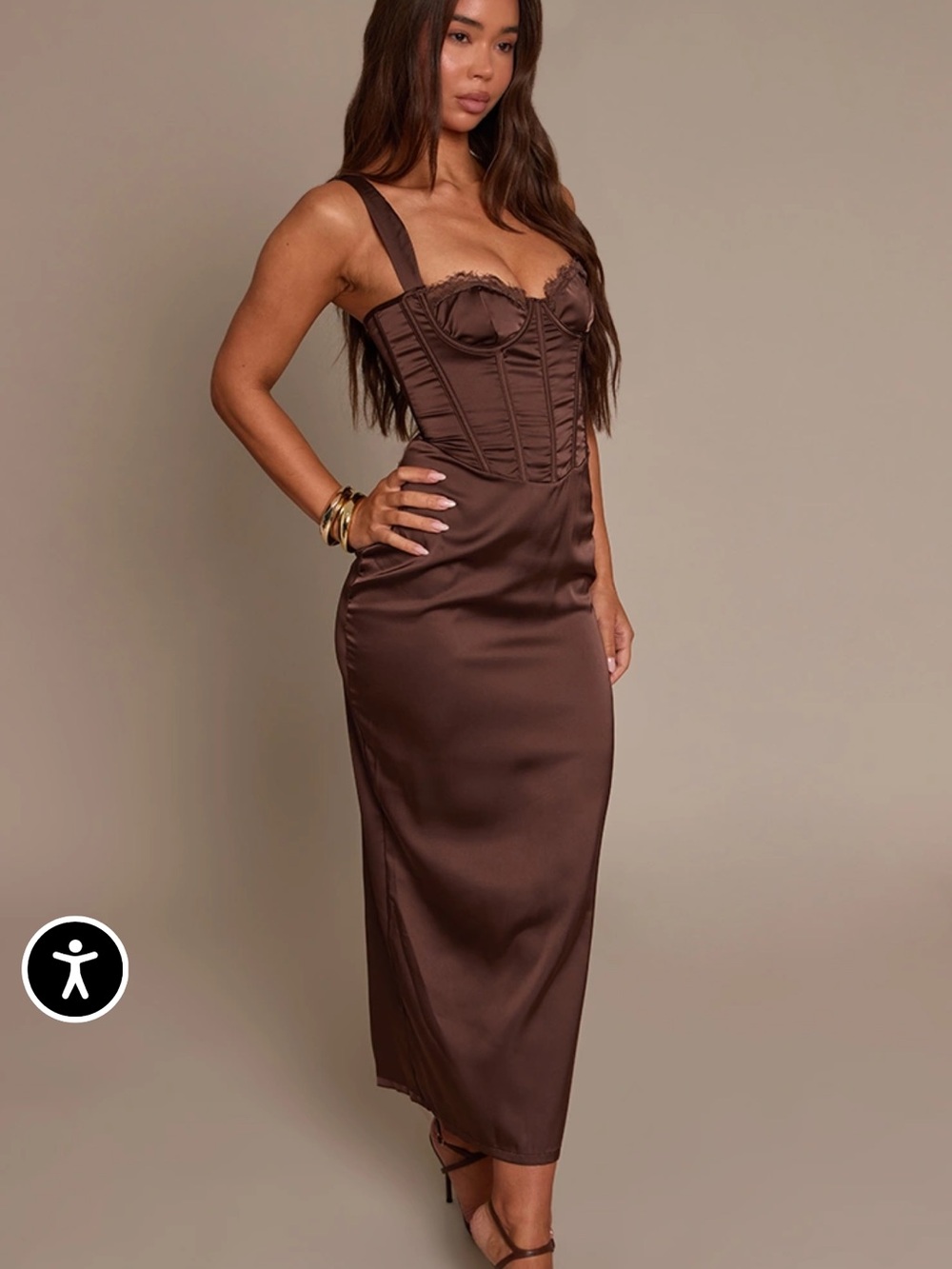 PrettyLittleThing Brown Satin Corset Midi Dress